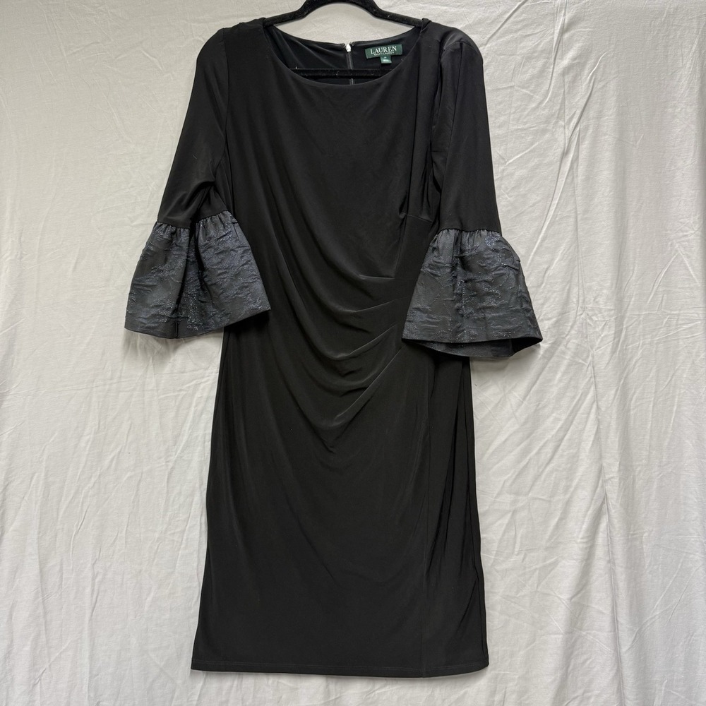 NWT Lauren Ralph Lauren 3/4 Bell Sleeve Black Dress Size 10 w/Ruched Side-Lined